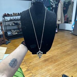 Vintage Silver Tone Rhinestone Pendant Necklace 34”